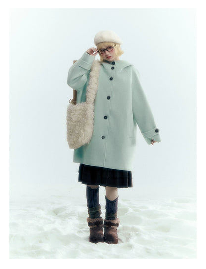Pale Aqua Green Hooded Cocoon Wool-Blend Coat