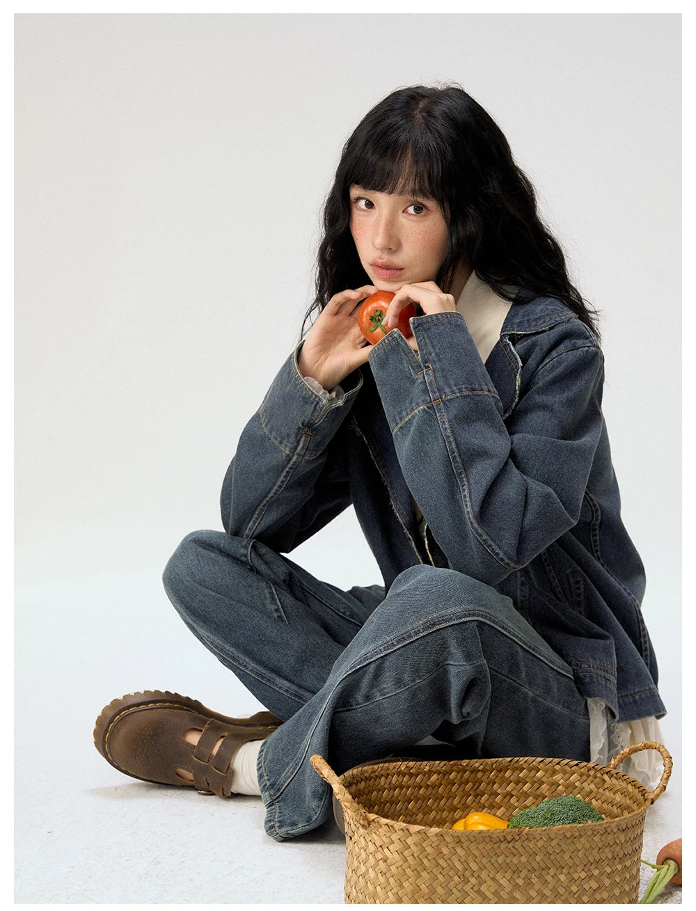 [CAN] "Wildflower Echoes" Vintage Indigo Denim Set (Jacket / Flared Pants / Midi Skirt)