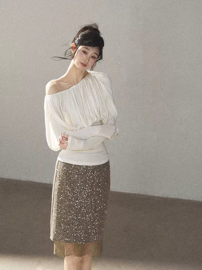 AOMALM - Creamy Ivory Asymmetric Ruched Off-Shoulder Long Sleeve Top