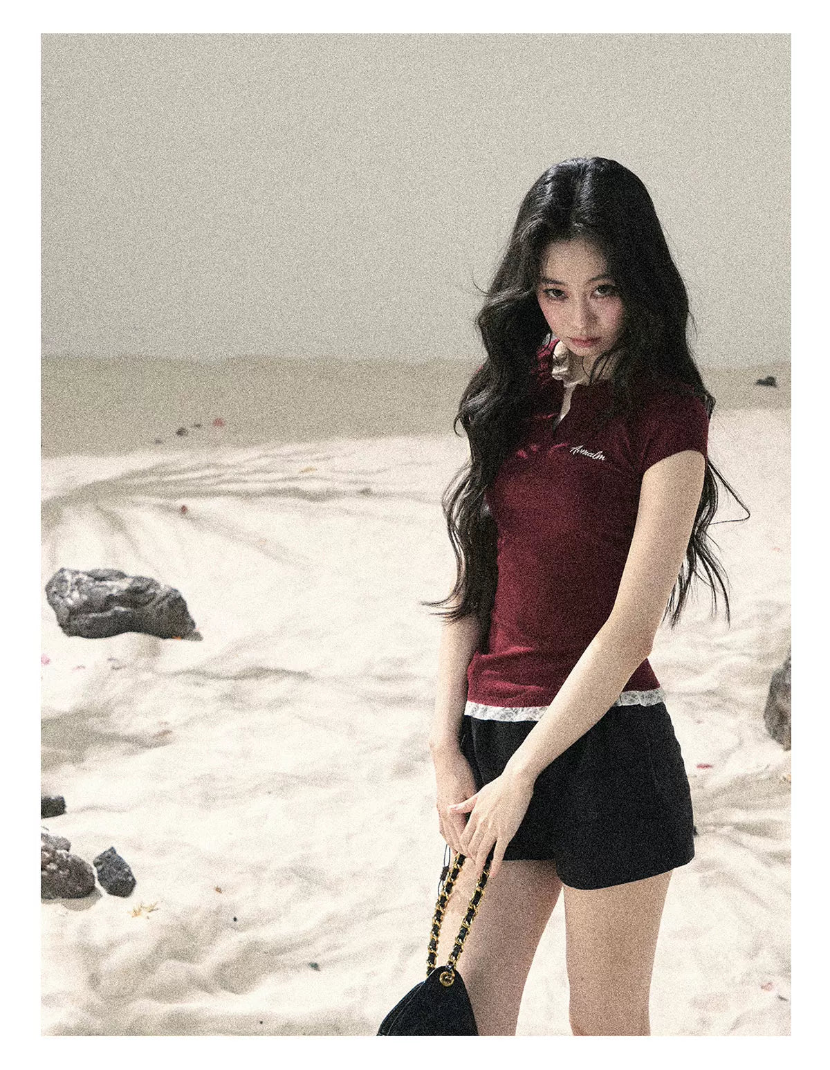 "Letter from the Tides" Burgundy Red Faux Two-Piece Lace Waist-Fit Crop Top 452436