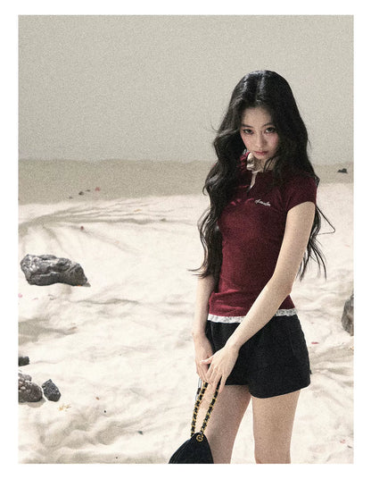 "Letter from the Tides" Burgundy Red Faux Two-Piece Lace Waist-Fit Crop Top 452436