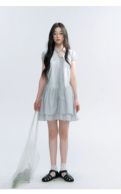"Cedar Salt" Cool Moon Blue Lace Trim Puff Sleeve Dress