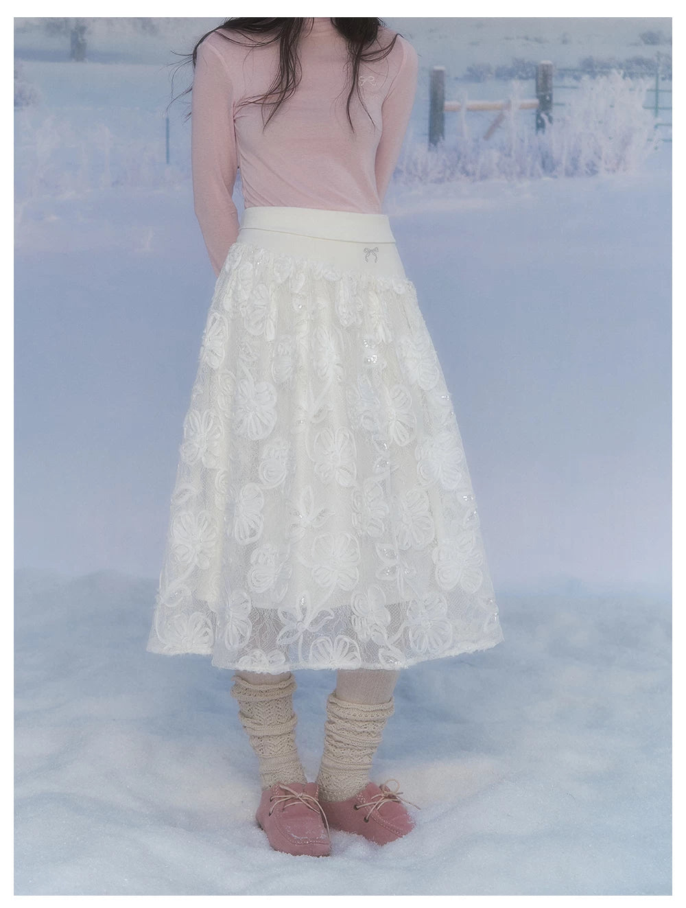 CANSTORE - "Moonflower Lace" Ivory Midi A-Line Skirt with 3D Floral Appliqués