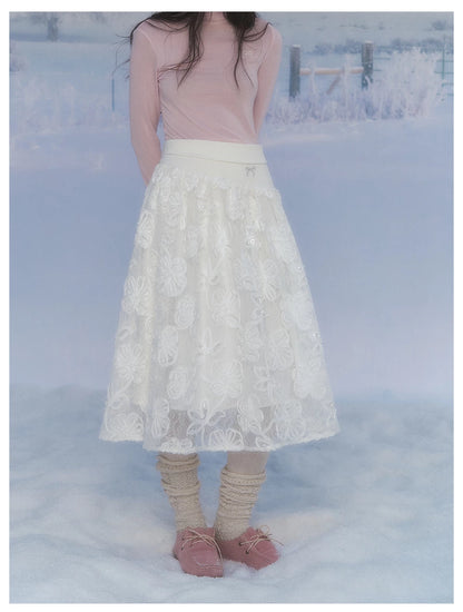 CANSTORE - "Moonflower Lace" Ivory Midi A-Line Skirt with 3D Floral Appliqués