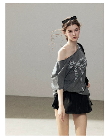 "Muted Shades of Gray" Silver Mouse Gray Off-Shoulder Tee