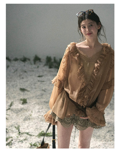 “Whispers of the Wind” Ash Caramel Lace Chiffon Blouse (With Belt)