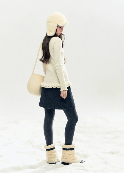 "Morning Mist" A-Line Wool-Blend Mini Skirt (Mist Gray/ Cream Beige)