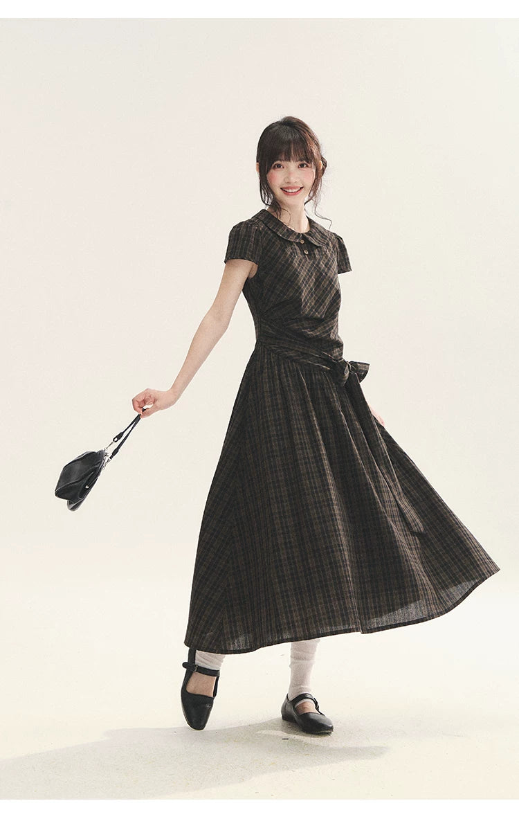 "Vintage Scholar" Black Brown Plaid Bow Tie Peter Pan Collar Maxi Dress