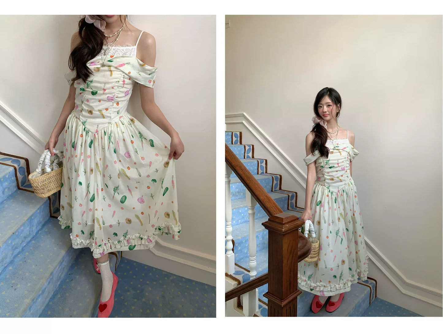 “Verdant Orchard Reverie” Beige Fruit Print Off-Shoulder Dress