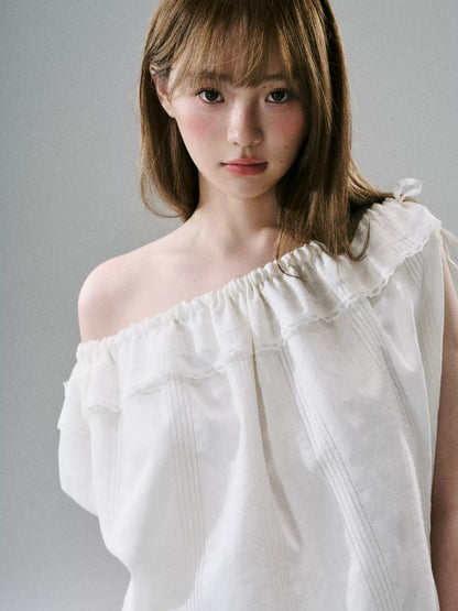 LOST FOREST - Natural Linen-Blend Drawstring Shoulder Top