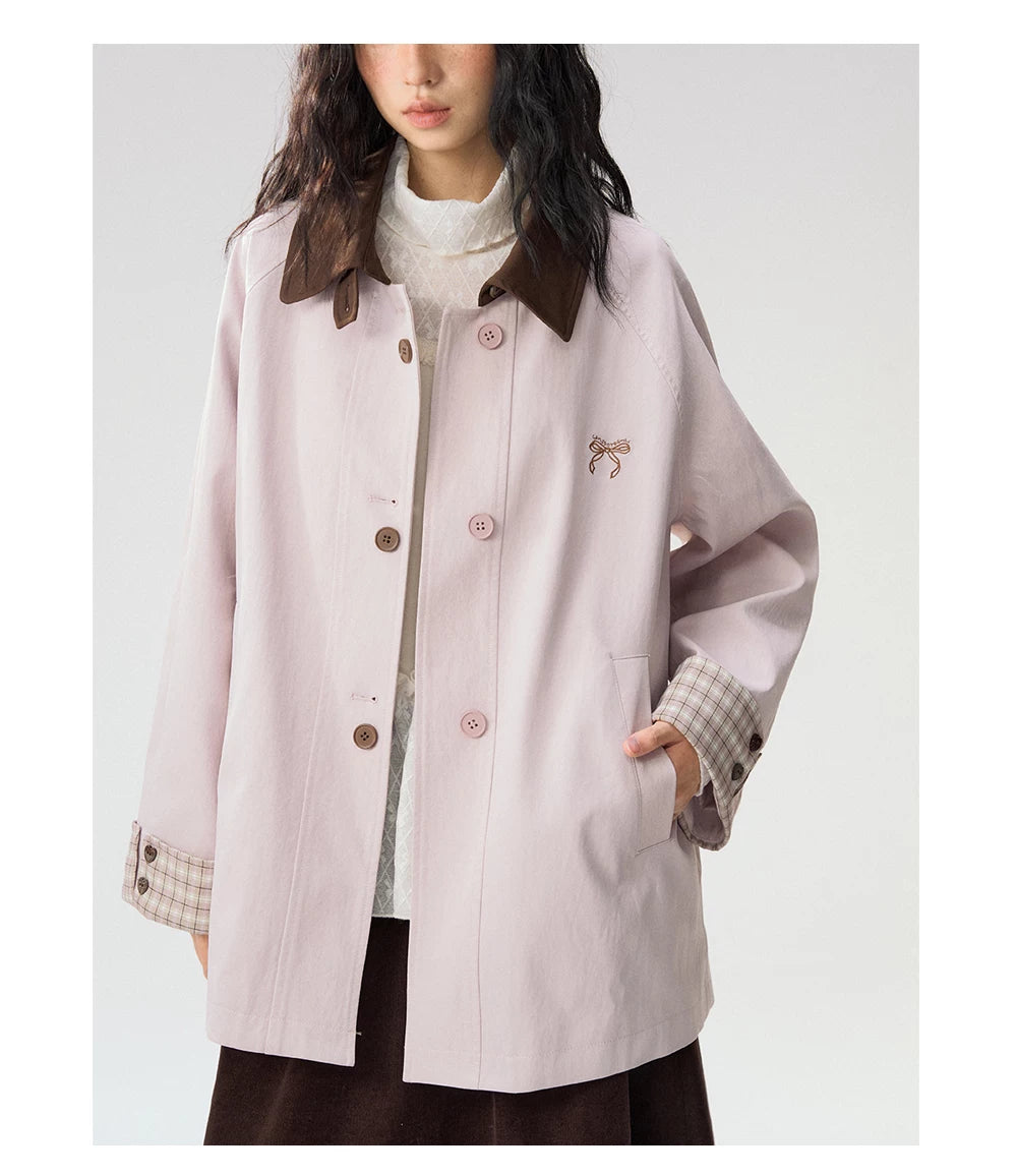 [CAN] Marshmallow & Cookie" Dusty Pink & Brown Plaid Bow Embroidered Trench Coat