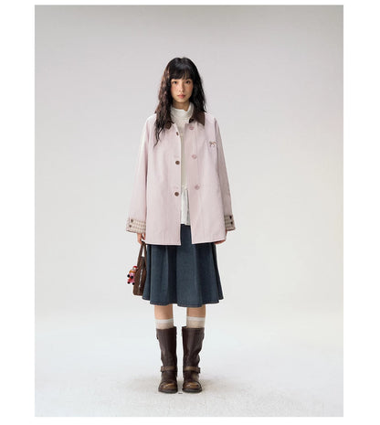 [CAN] Marshmallow & Cookie" Dusty Pink & Brown Plaid Bow Embroidered Trench Coat