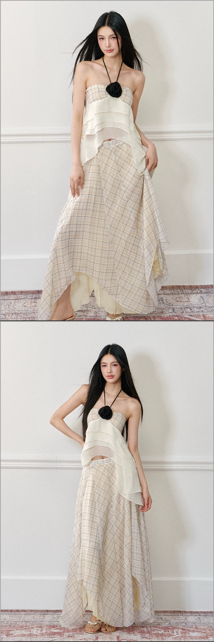 "Rose by the Sea" Rose Halter Top & Asymmetrical Plaid Maxi Skirt Set