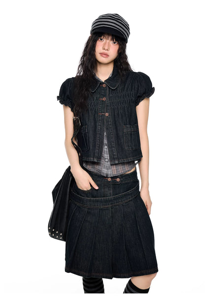 Vintage Peter Pan Collar Puff Sleeve Denim Set