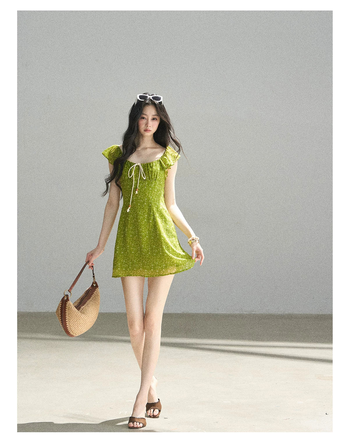 "Emerald Breeze" Primrose Green Floral Chiffon Mini Dress