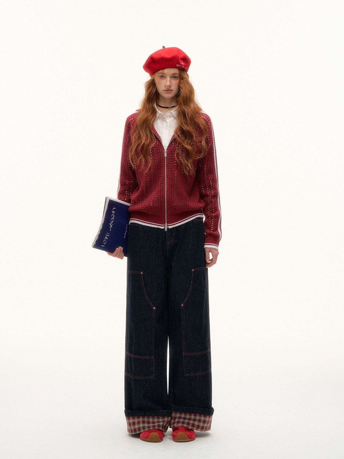 ASGONY - Varsity Crochet Knit Zip-Up Hoodie (Bold Wine Red)