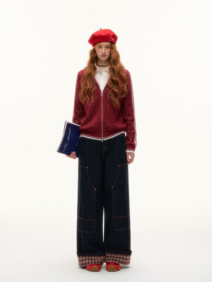 ASGONY - Varsity Crochet Knit Zip-Up Hoodie (Bold Wine Red)