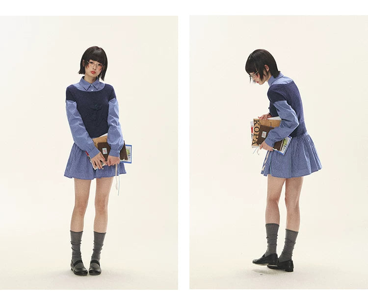 "Holiday Blues" Blue Plaid Bow Shirt Mini Dress