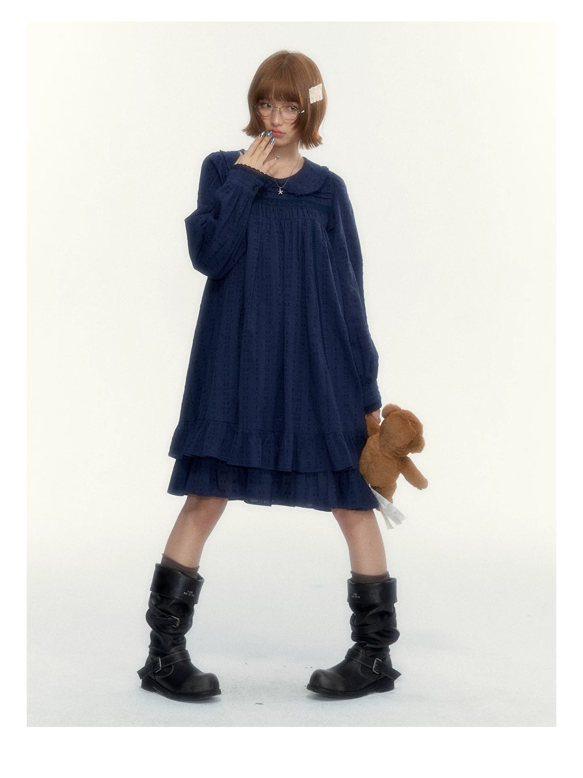 “Vintage Ribbon” Navy Peter Pan Collar Lace-Trimmed A-Line Dress