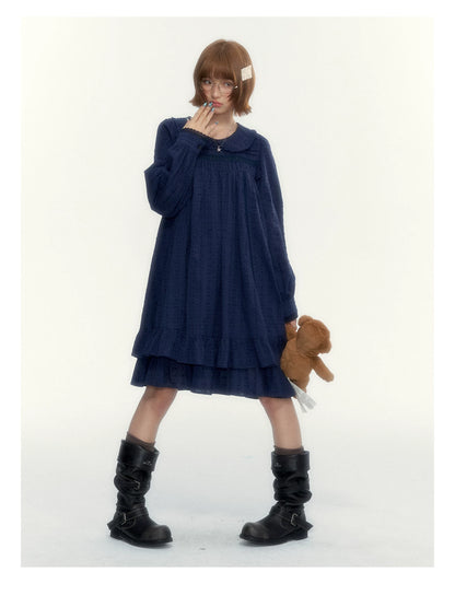“Vintage Ribbon” Navy Peter Pan Collar Lace-Trimmed A-Line Dress