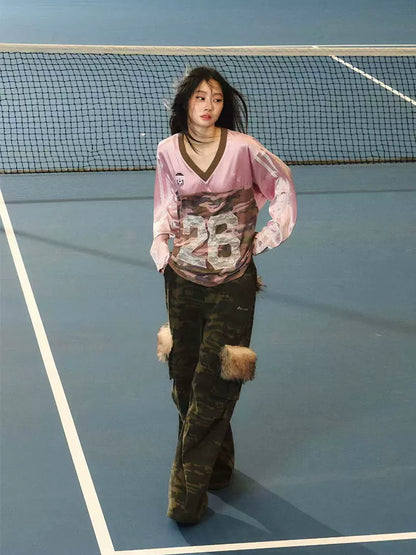 JN's DESIGN - Pink & Camo Lace-Trim V-Neck Jersey Top