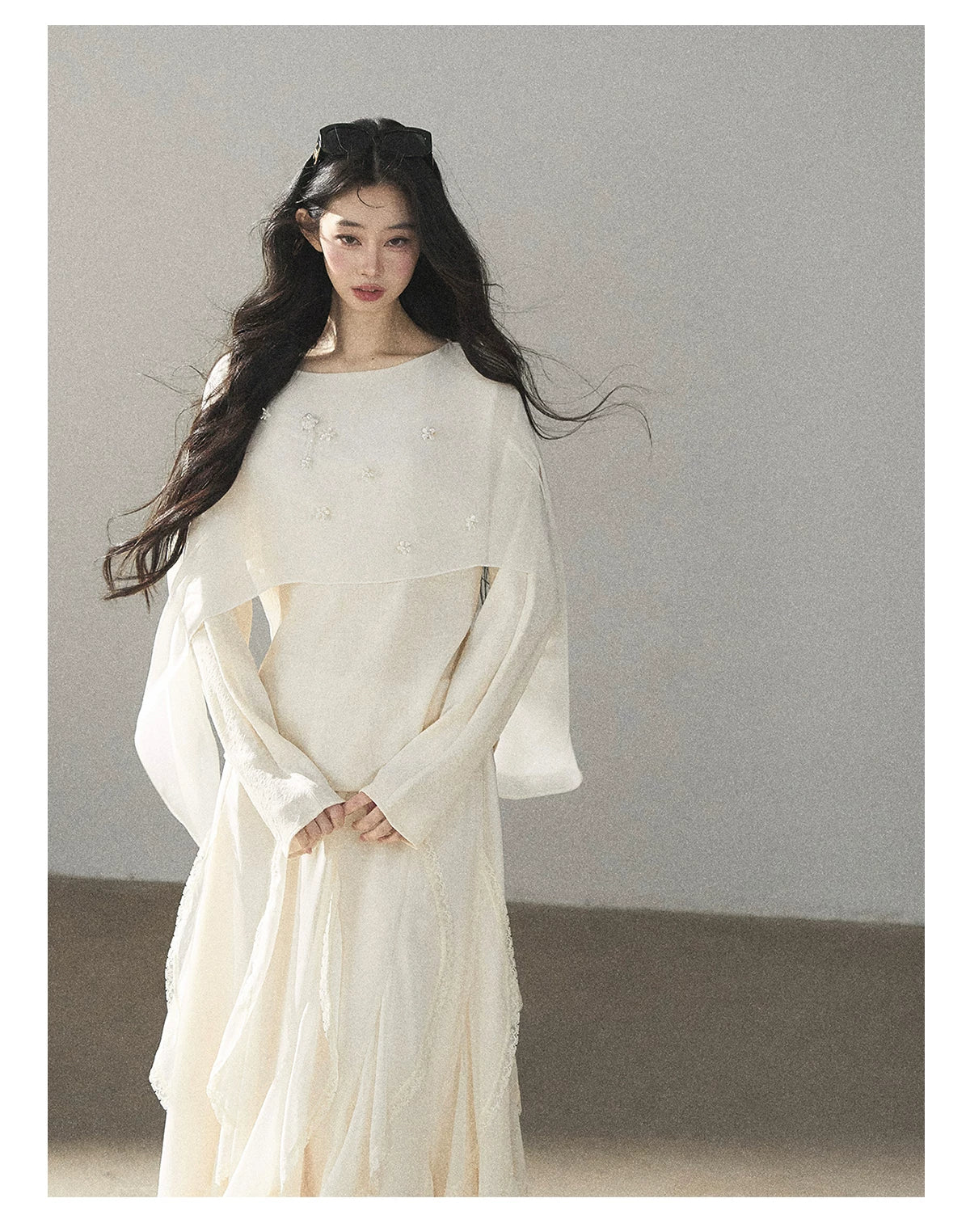 AOMALM - Layered Chiffon Shawl Top with Floral Detail