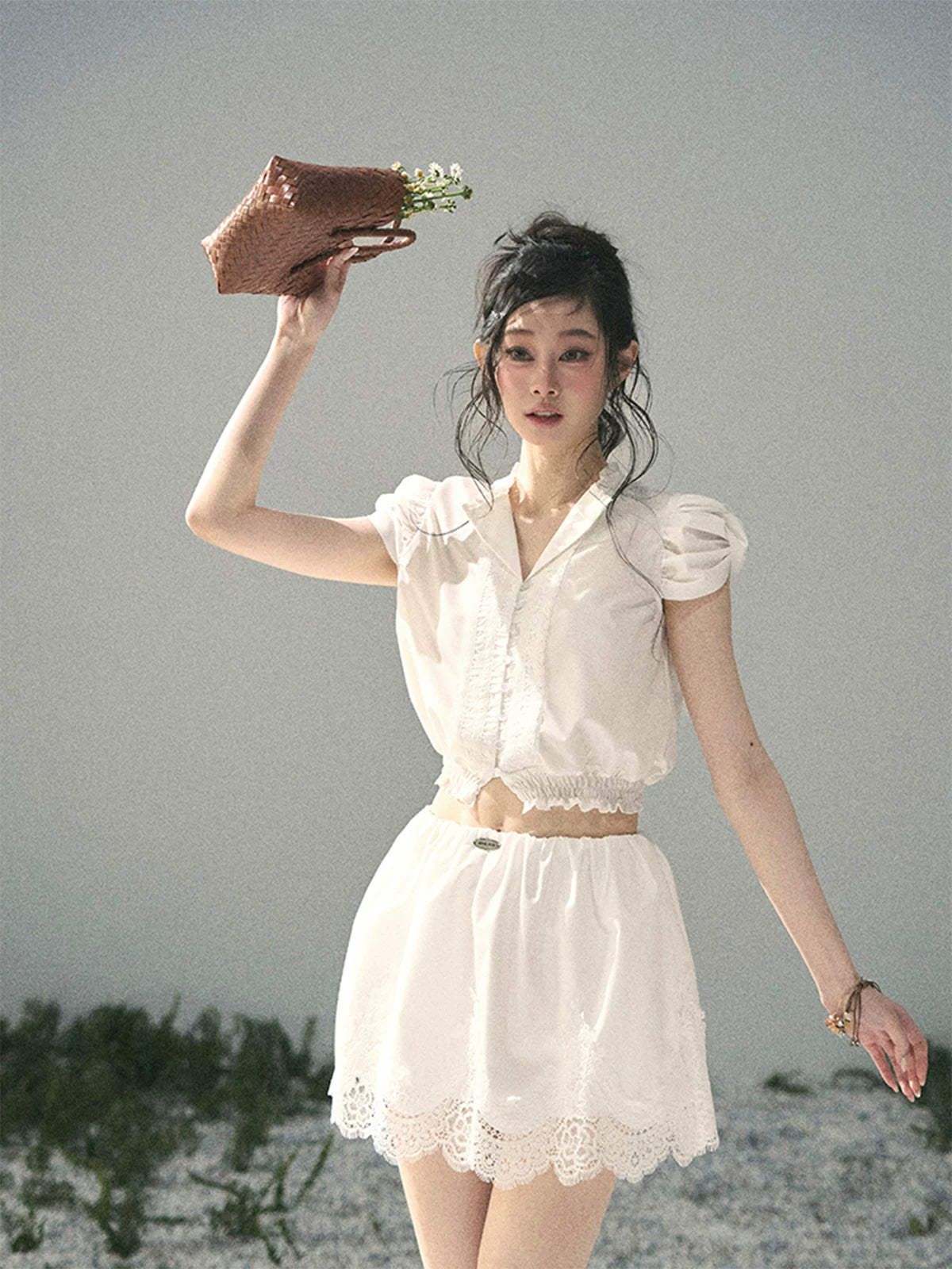"Rose Petals in Secret" Cloud White Lace Two-Piece Skirt Set 142453