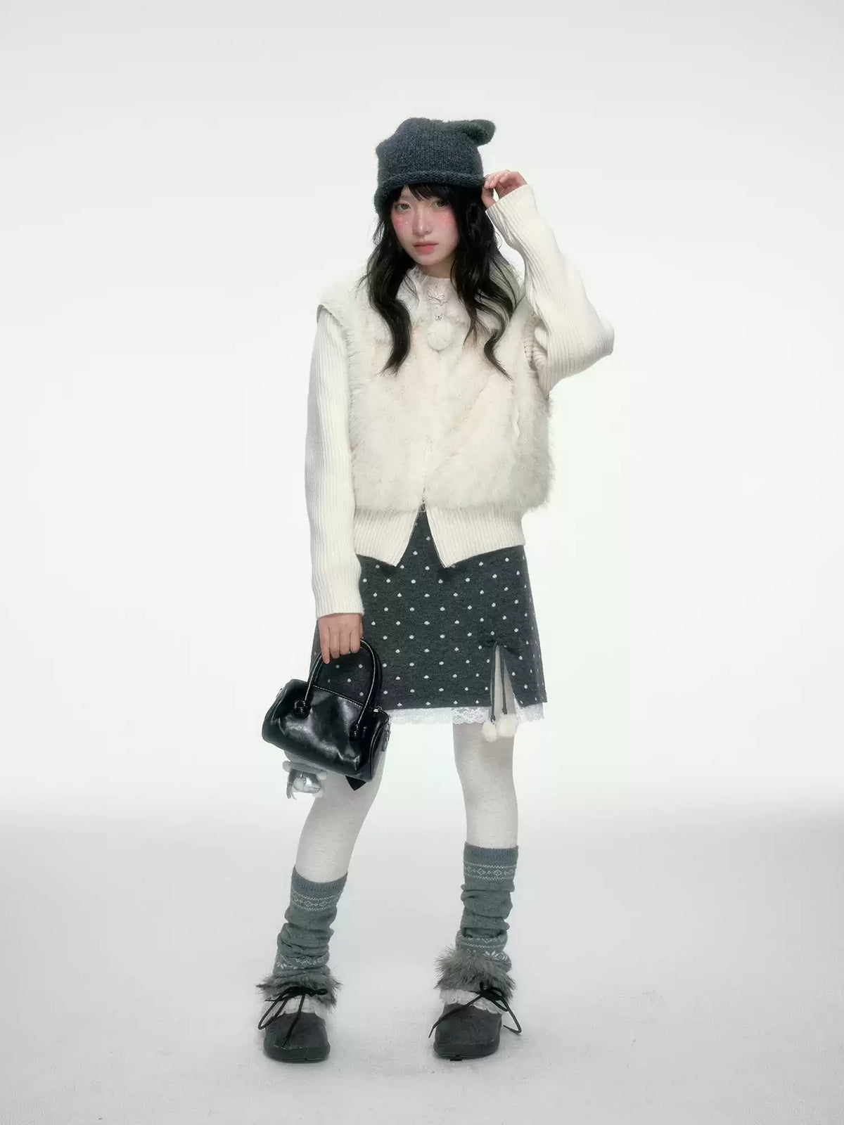 BIBIBENCY - Ivory Faux Fur Vest with Knit Sleeves