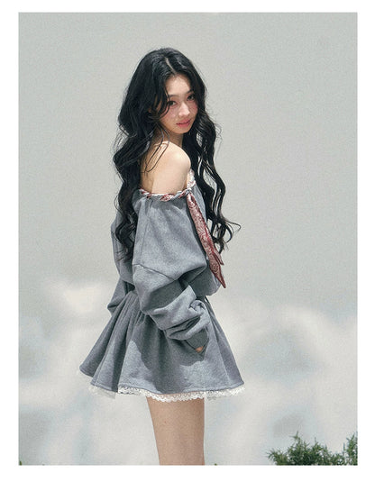 “The Wind Blushes” Lace Trim Off-Shoulder Sweatshirt Dress