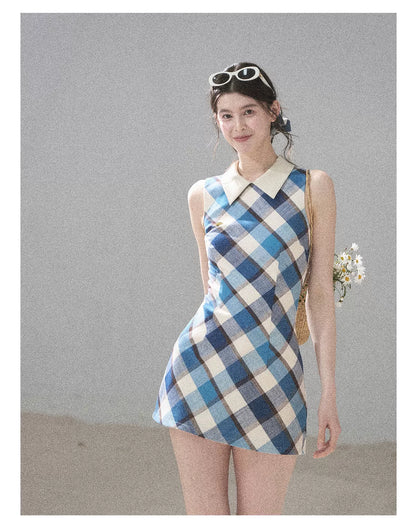 "Sunset by the Shore" Vintage Blue Plaid Polo Mini Dress 358648564
