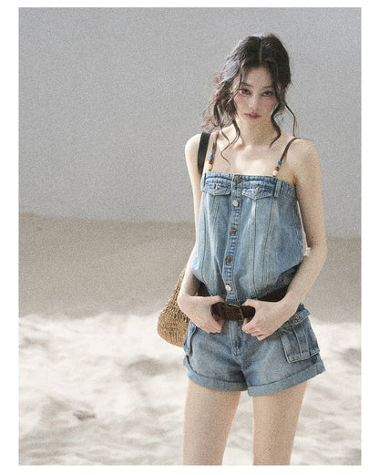 "A Walk by the Sea" Collegiate Blue Denim Utility Romper (With Belt)