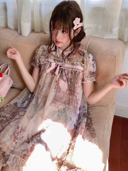[RF] “Vintage Storybook” Light Brown Tea Patchwork Print Mini Dress