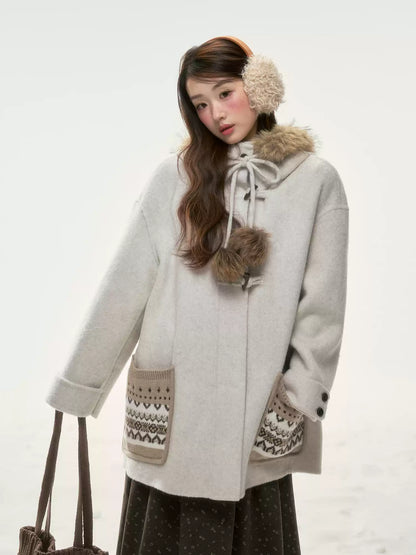 BIBIBENCY - Ivory 70% Wool Fair Isle Coat