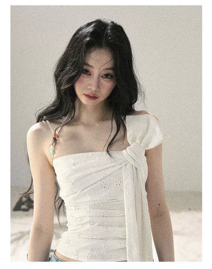 "Fragments of Tenderness" Frost White Halter Twist Crop Top
