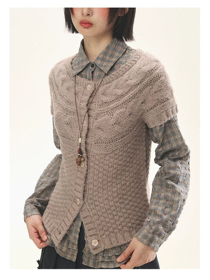 "Rice Knit" Wool-Blend Short Sleeve Knit Cardigan (Moss Coffee Green/ Dusk Dusty Pink)