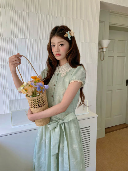“Sage Meadow Reverie” Sage Green Embroidered Shirt Dress