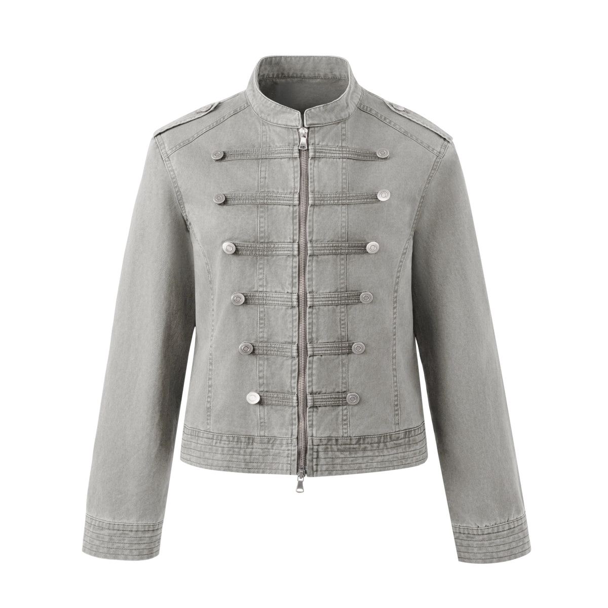 EZEK | Vintage Washed Denim Jacket with Hood and Double-Breasted Buttons (Military Green / Heather Gray)