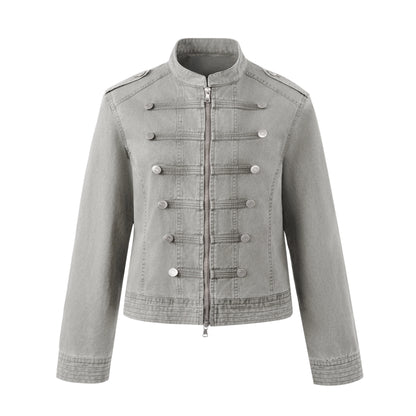 EZEK | Vintage Washed Denim Jacket with Hood and Double-Breasted Buttons (Military Green / Heather Gray)