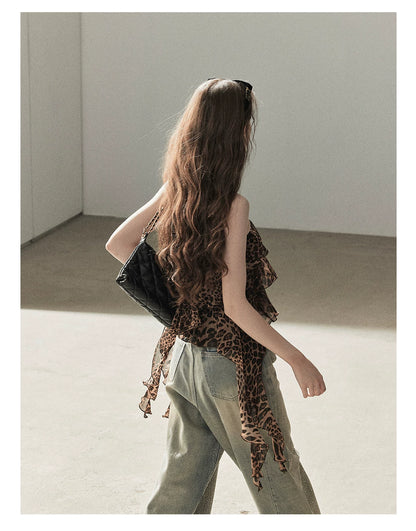 "Chasing the Sunset" Chestnut Brown Leopard Halter Ruffle Crop Top