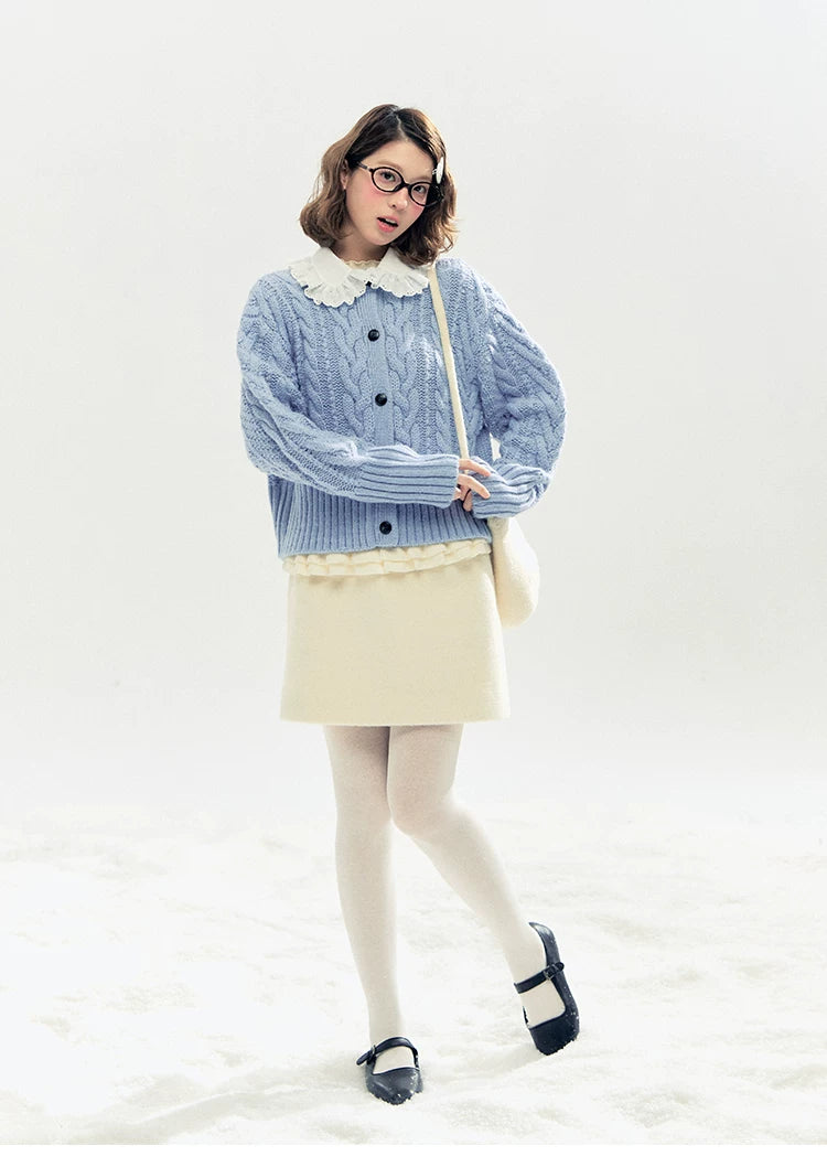 "Cotton Mousse" Cable Knit Cardigan with Detachable Ruffle Collar (Cotton Blue/ Soft White)
