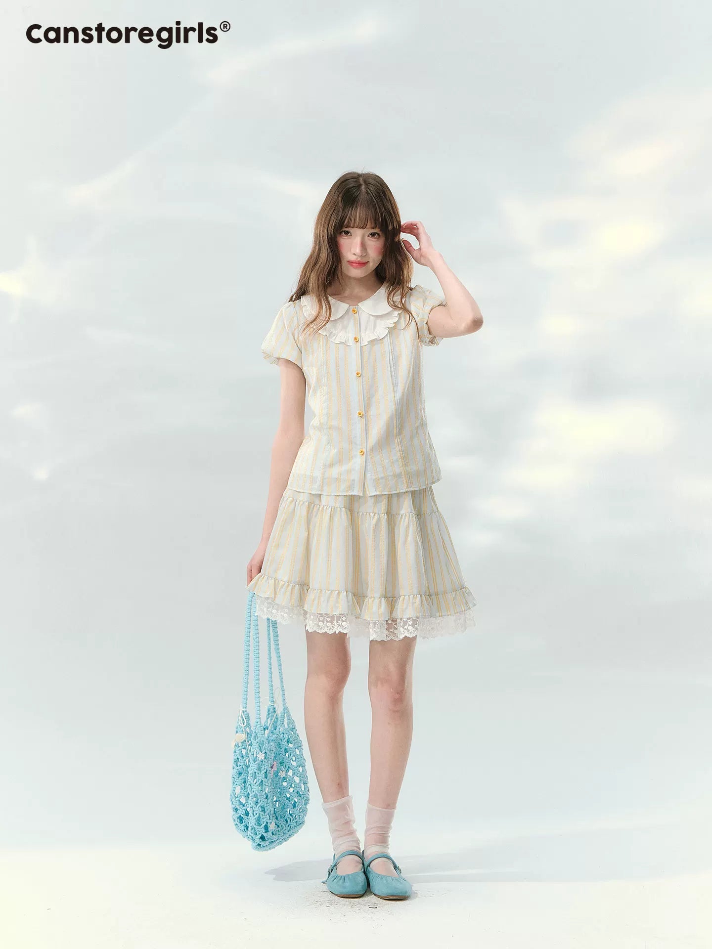“Spring Lemon Breeze” Milk Blue Striped Shirt & Tiered Mini Skirt Set