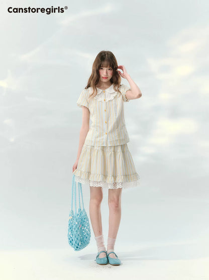 “Spring Lemon Breeze” Milk Blue Striped Shirt & Tiered Mini Skirt Set