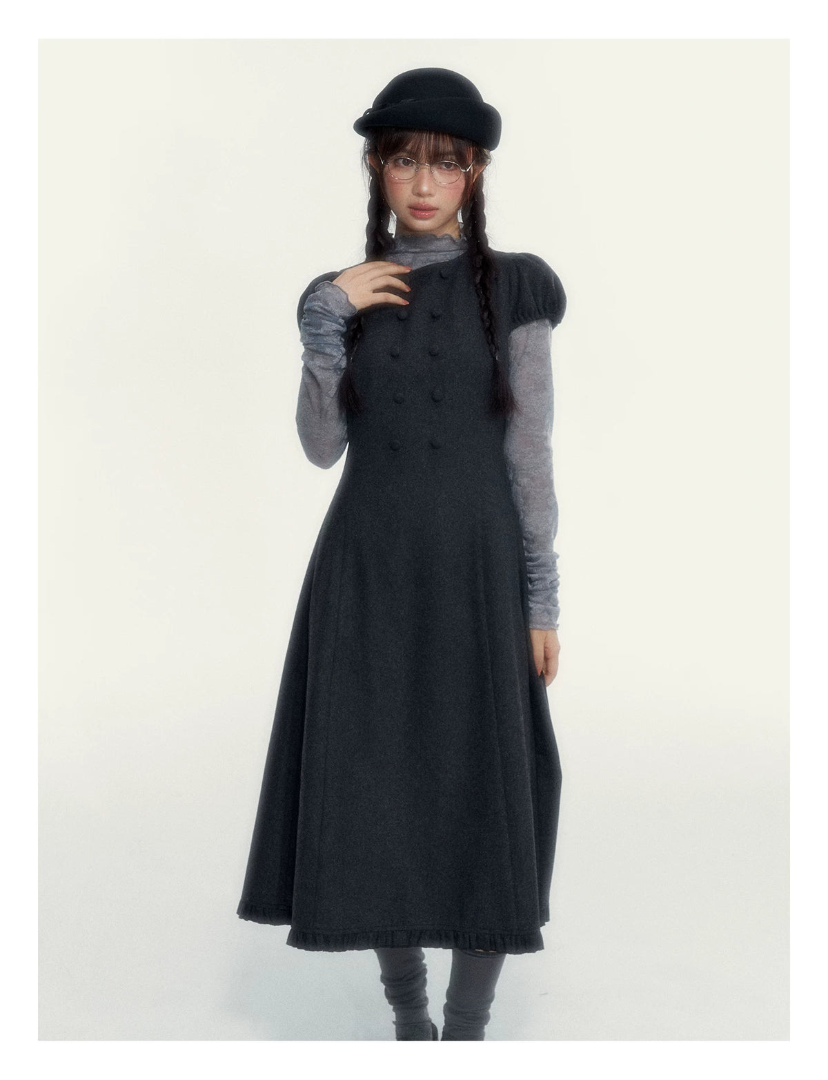 Vintage Double-Breasted Wool Dress & Knit Fringe Cape Set