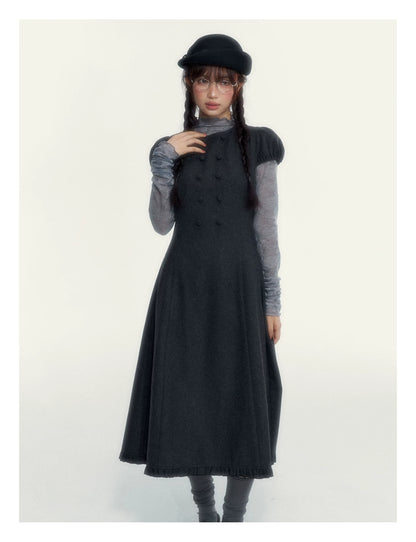 Vintage Double-Breasted Wool Dress & Knit Fringe Cape Set