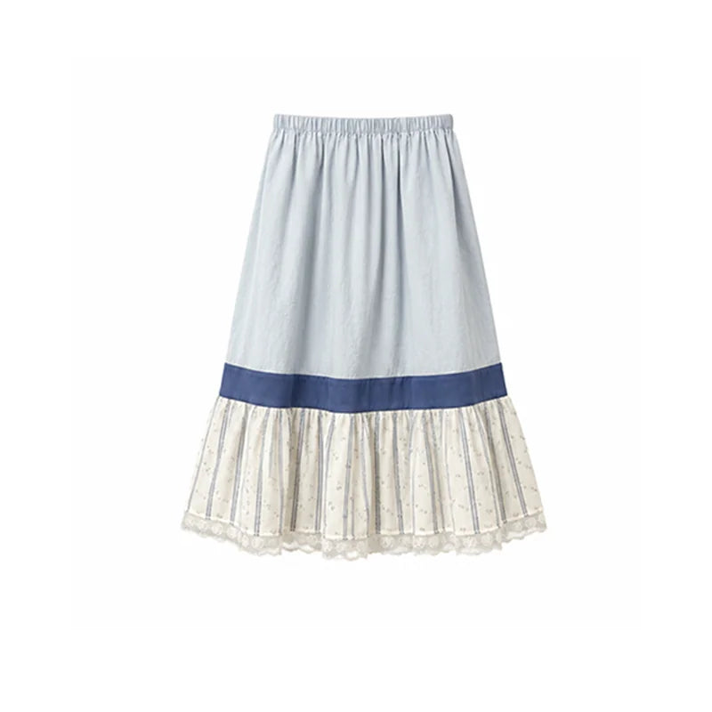DAILY ARTIST - Light Blue Color-Block Floral Lace-Trim A-Line Skirt