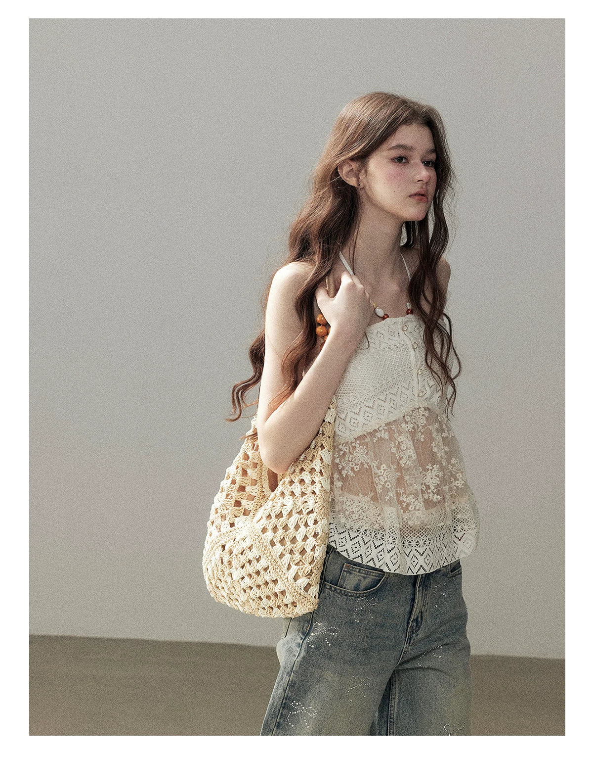 "Where the Waves Meet Her" Creamy Apricot White Lace Halter Sheer Top