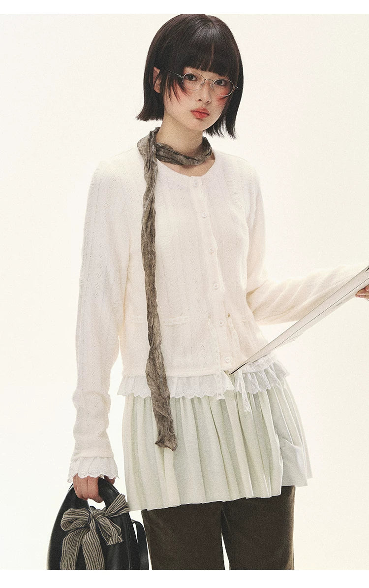 "Wisteria Whisper" Open-Knit Lace Tie Cardigan (Wisteria/ Ivory)