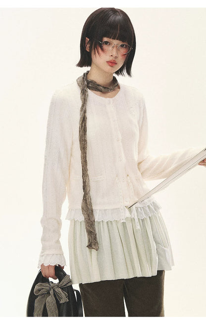 "Wisteria Whisper" Open-Knit Lace Tie Cardigan (Wisteria/ Ivory)