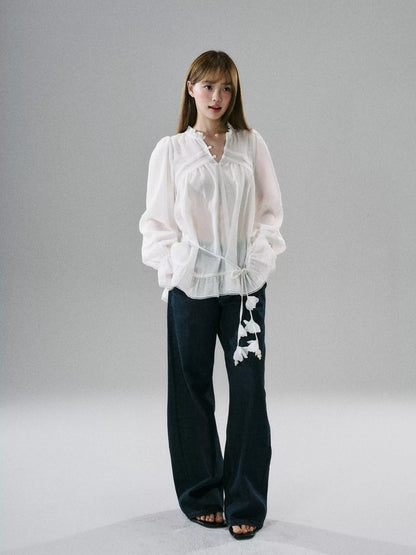 LOST FOREST - Acetate Flower Belt Detail Relaxed Top (White / Blue)