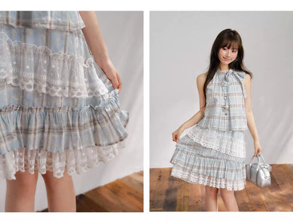 “Berry Fairytale Sonata” Misty Blue Ribbon Neck Lace Dress